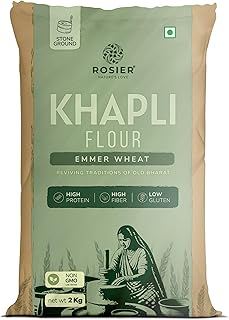 Rosier khapli atta, Khapli Wheat Flour | 2KG (Pack of 1) | High Protein & Fiber | Easy Digestion | Stoneground Emmer Wheat Chakki Atta | Low Gluten Ancient Grain | Organic Atta | 100% Natural | (Khapli Wheat Atta)