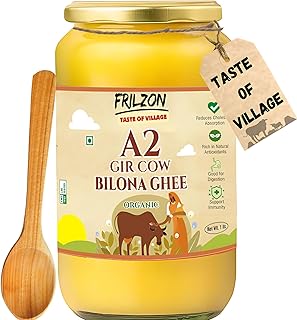 Frilzon A2 Gir Cow Ghee 1 litre, Pure Desi danedar vedic Bilona Method cultured organic bilona A2 Desi cow Ghee Helps Boost Immunity and Digestive Health premium glass jar (1litre)
