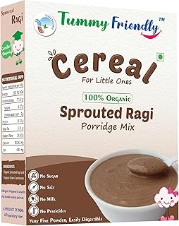 TummyFriendly Foods Certified Organic Sprouted Ragi Flour For Little Ones. Made of Organic Sprouted Ragi Powder. Sprouted Ragi powder, rich in Calcium, Iron, Fibre & Micro-Nutrients. No Sugar, No Salt, No Milk, No Chemicals, No Pesticides. Ragi Sari Nachani Satva. Maximum Nutrition From Real Food. Available in Trial Baby Packs too. Shelf Life 6 Month. 200g, TWO PACKs