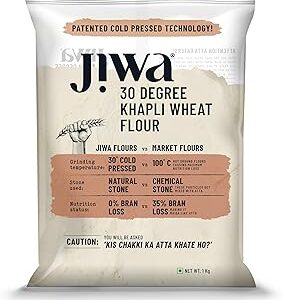Jiwa Cold Pressed Organic Khapli Wheat Flour / Atta| Emmer Wheat Chakki Ground Flour | High In Fiber | Premium Whole Wheat Flour | Easy to Digest |Low Gluten Ancient Grain | Certified Organic Atta | 100% Natural | 1 kg
