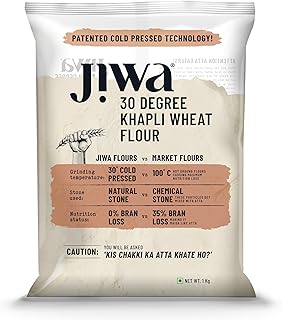 Jiwa Cold Pressed Organic Khapli Wheat Flour / Atta| Emmer Wheat Chakki Ground Flour | High In Fiber | Premium Whole Wheat Flour | Easy to Digest |Low Gluten Ancient Grain | Certified Organic Atta | 100% Natural | 1 kg