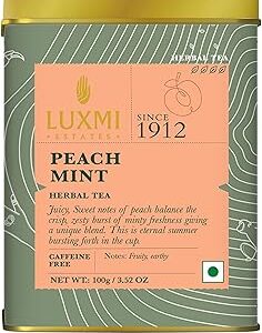 LUXMI Estates Peach Mint Herbal Tea 100Gm Tin Caddy | Usda Certified Organic Herbal Tea | Caffeine-Free | 50 Cups, Loose Leaves