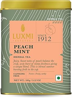 LUXMI Estates Peach Mint Herbal Tea 100Gm Tin Caddy | Usda Certified Organic Herbal Tea | Caffeine-Free | 50 Cups, Loose Leaves