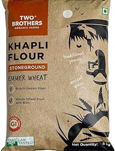 Two Brothers Organic Farms - Khapli Wheat Flour (5kg) | Wheat Flour | High Dietary Fiber for Easy Digestion | Stoneground Emmer Wheat Flour | Khapli Atta