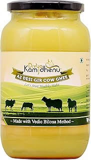 DIVYA KAMDHENU Gir Cow Organic A2 Ghee Vedic Bilona Method Grassfed Cultured Traditional Curd Bilona Ghee, Glass Bottle – 1 Litre