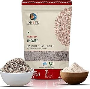 Dhatu Organics Sprouted Ragi Flour 500g | 100% Cold milled using German technology | Easy Digestion | Non-Acid Forming | Alkaline | Calcium & Fibre Rich | Food for children and all ages | Madua/Nachni/ Kelvaragu Atta