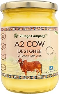 Village Company A2 Cow Desi Ghee 500ML | Gir Ghee Vedic Bilona Method | Organic Pure Natural | Two Way Curd Churned – Best Farm Fresh Grass Fed Cattle Milk | India Lab Certified | Glass Jar Half Litre